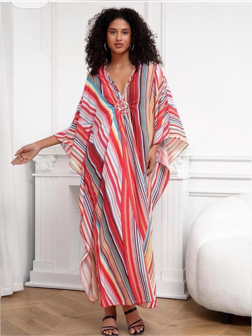 Multicolor Striped Kaftan Maxi Dress V-Neck Boho Cover Up XL